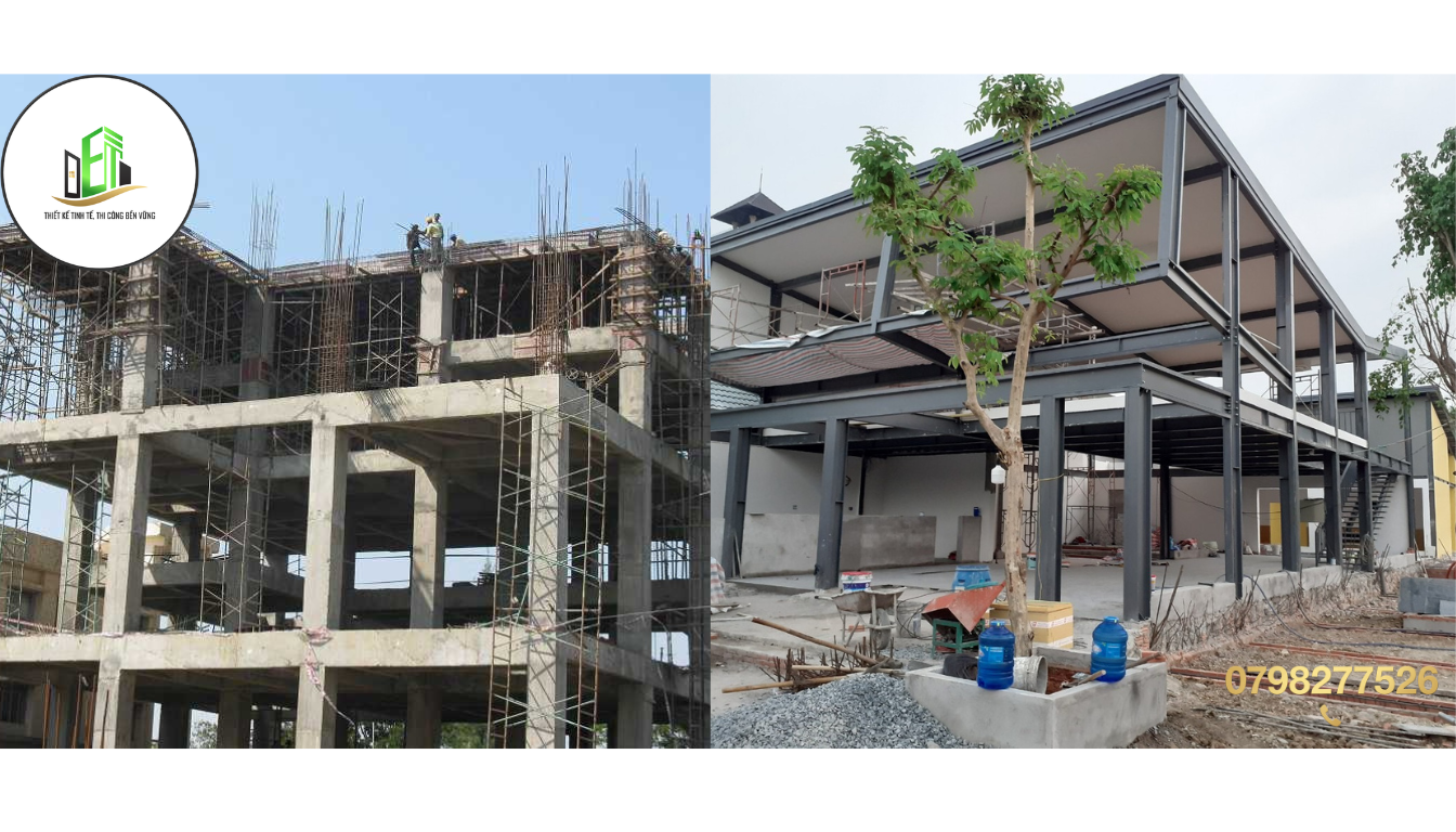 So sánh chi tiết ưu nhược điểm giữa nhà khung thép tiền chế và nhà đúc bê tông cốt thép truyền thống.