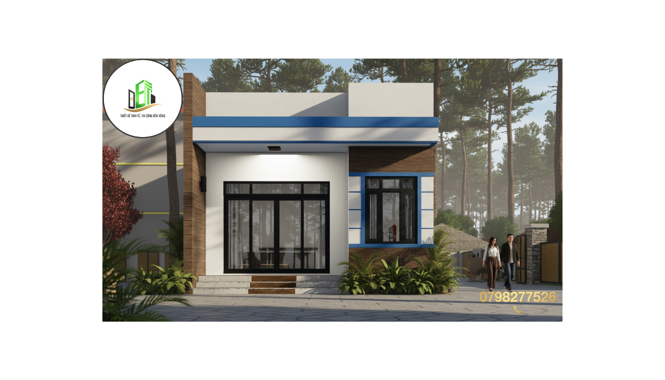 Mẫu nhà cấp 4 hiện đại sử dụng đá giả gỗ ốp mặt tiền sang trọng và bền bỉ theo thời gian.