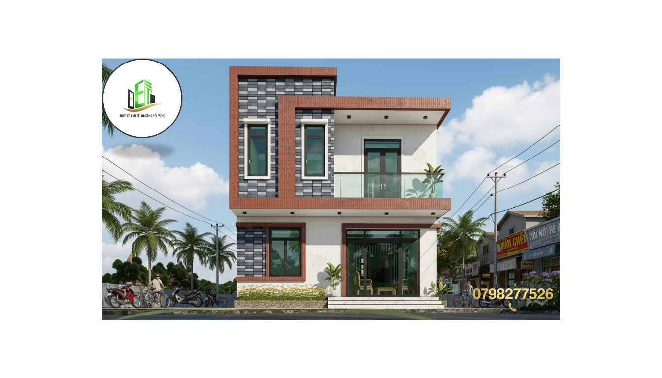 Mẫu thiết kế nhà phố 2 tầng hiện đại với kiến trúc hình khối độc đáo và không gian mở thông thoáng.